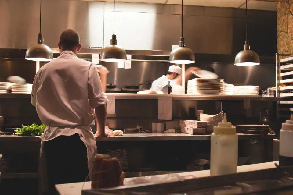 Busy restaurant kitchen line during service